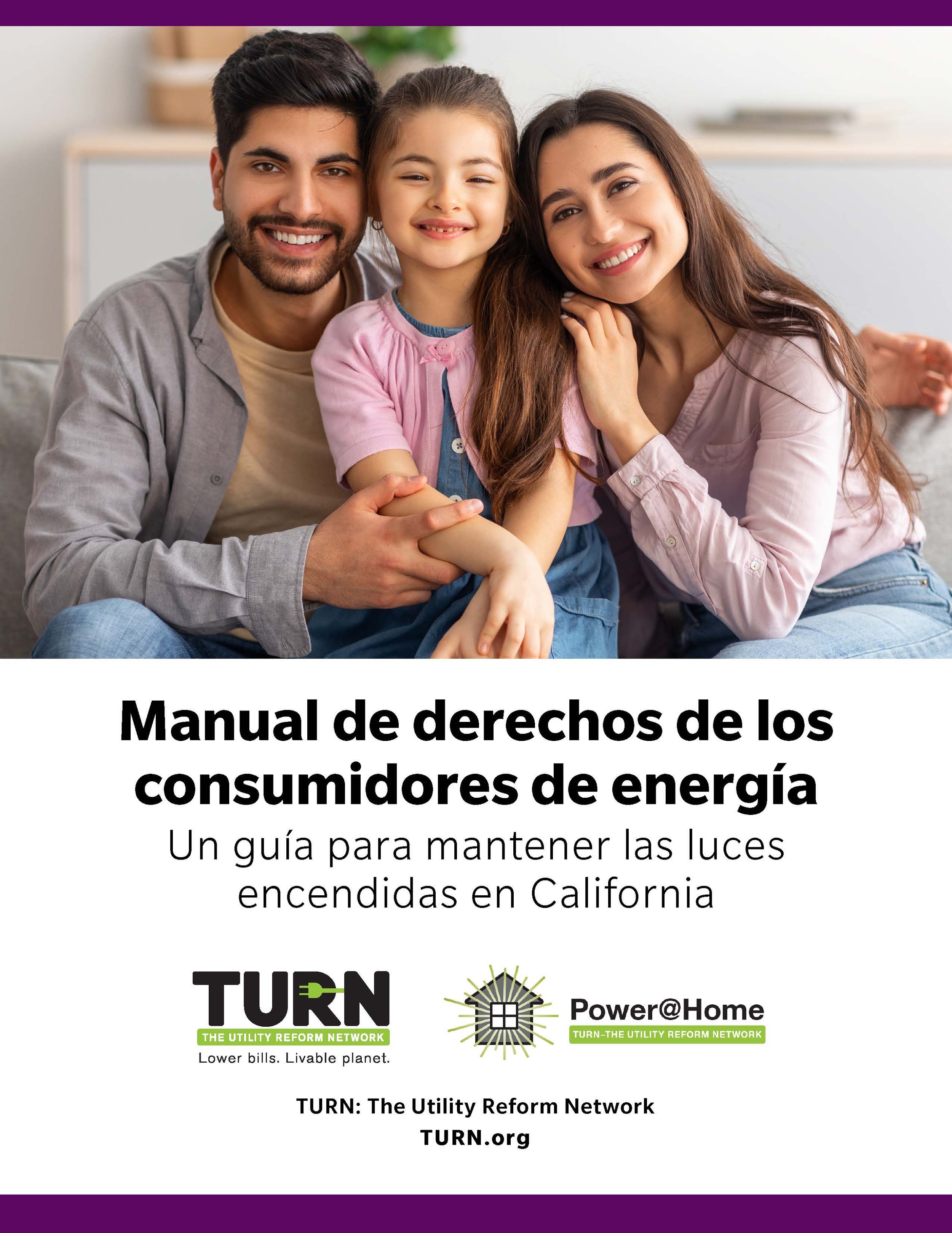 Cover of a Spanish-language energy consumer rights manual with a photo of a happy family of three sitting together on a couch.