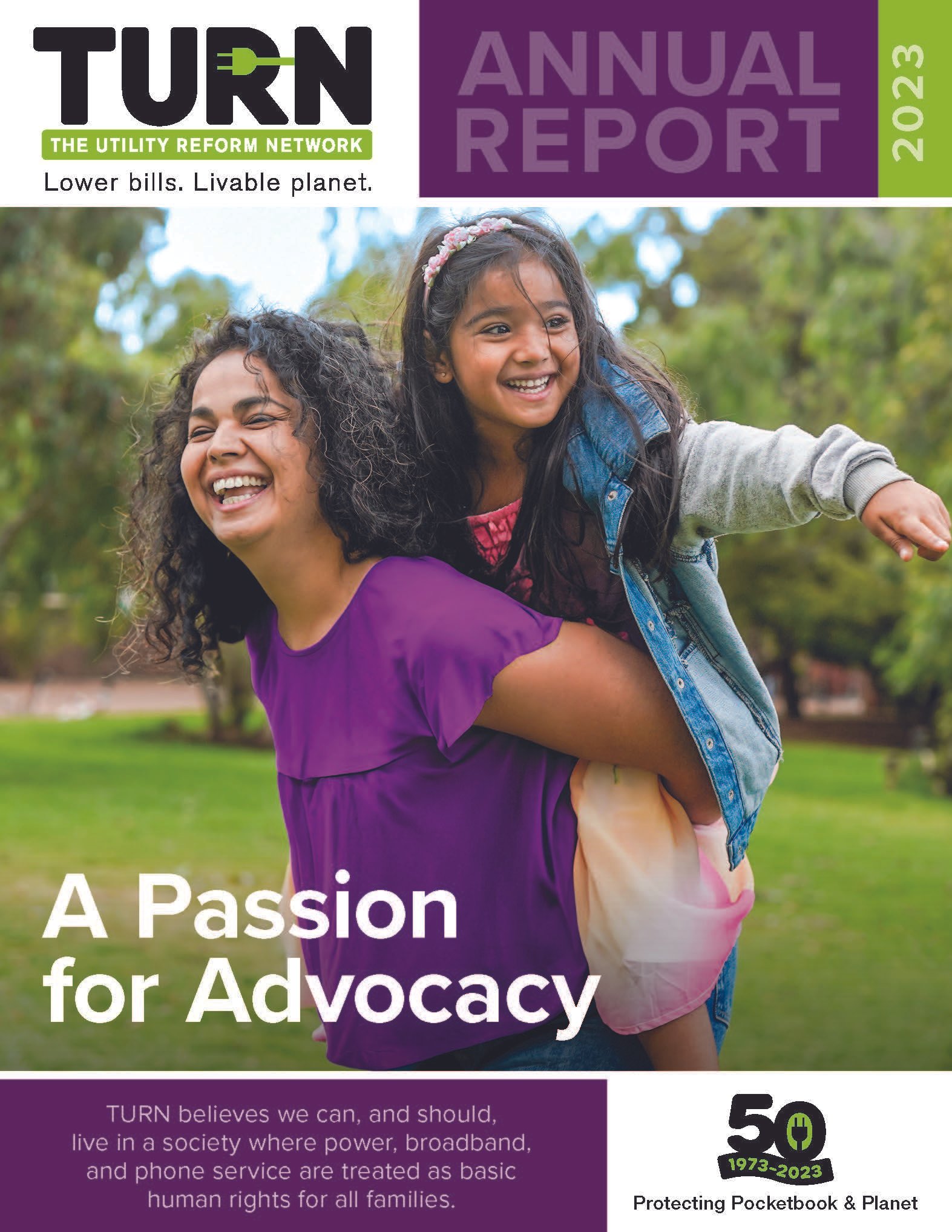 Cover of TURN Annual Report 2023 showing a woman carrying a young girl on her back, both smiling in a park.