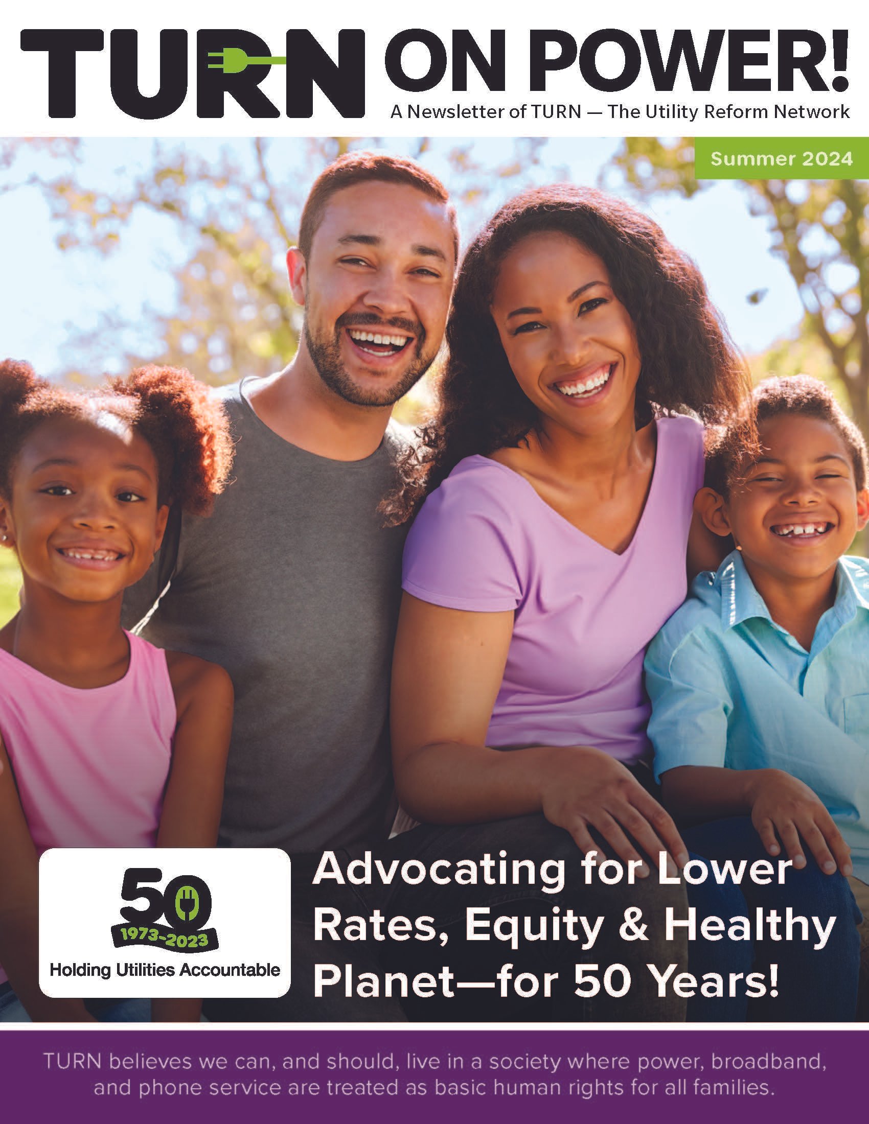 Group of smiling diverse family outdoors, celebrating 50 years of utility accountability, with a headline about advocating for lower energy rates and equitable, healthy planet.