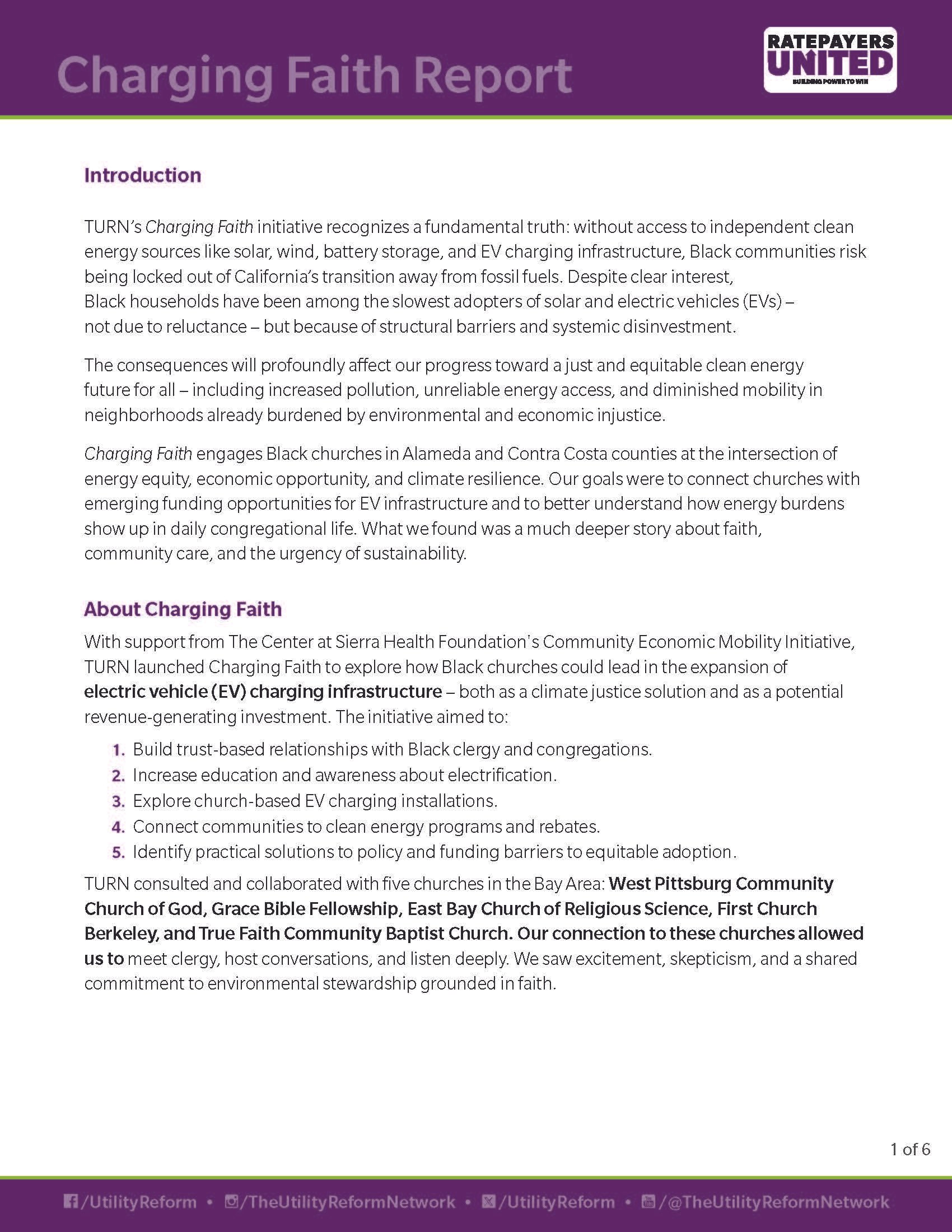 Page from a report titled 'Charging Faith Report' with the subtitle 'Introduction' and, below it, 'About Charging Faith.' The top right corner features the logo 'Ratepayers United.' The text discusses the importance of clean energy, energy equity, and church involvement in EV charging infrastructure, mentioning churches in Alameda and Contra Costa counties, and lists five goals for the initiative. The footer contains social media handles for UtilityReform.