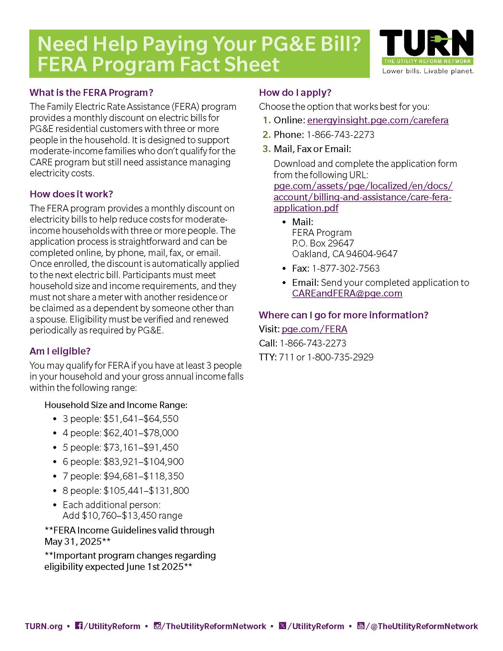 Information flyer about the FERA program providing assistance with PG&E bills, including eligibility, application process, and contact details.