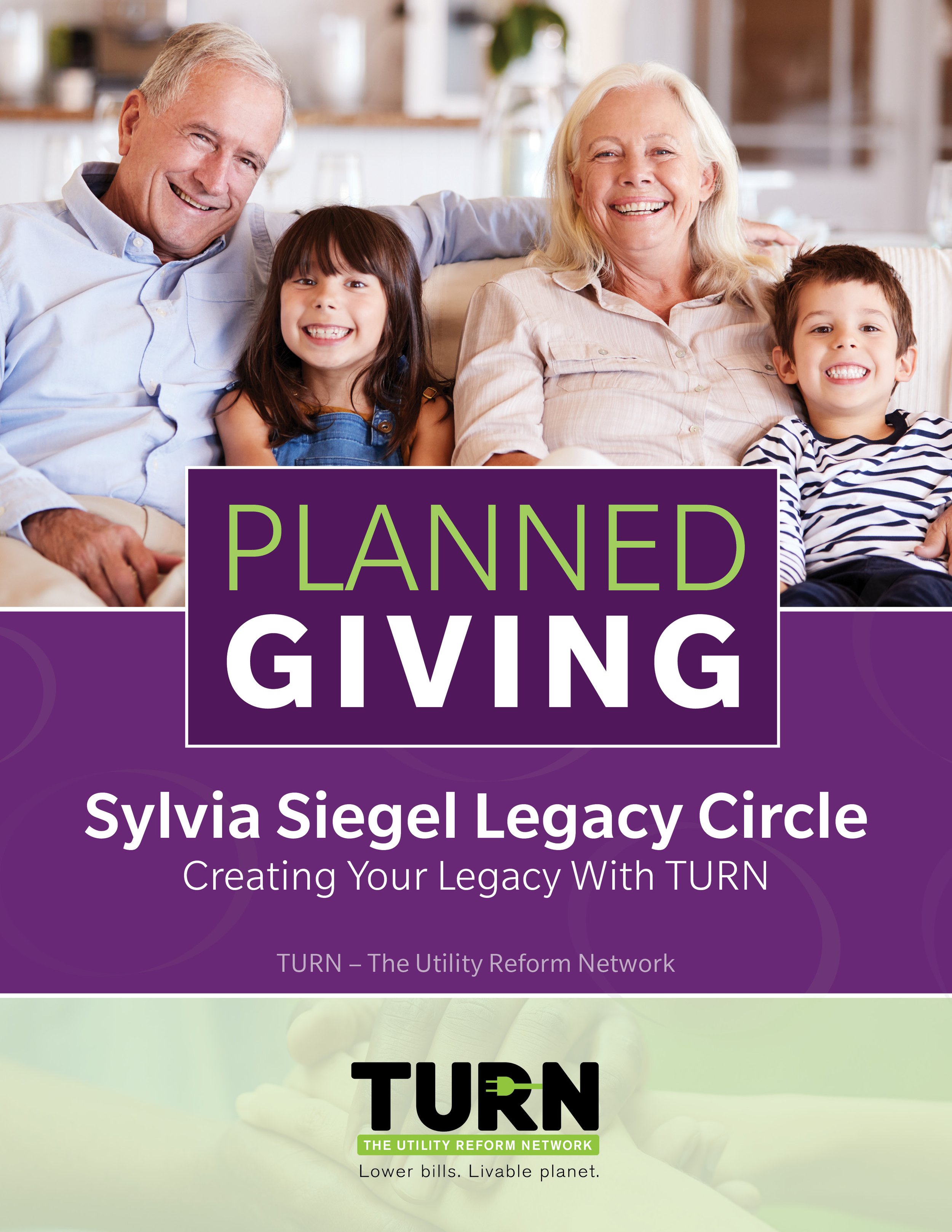 A happy multigenerational family sitting on a couch, smiling, with a purple overlay containing the text 'Planned Giving Sylvia Siegel Legacy Circle Creating Your Legacy With TURN' and the TURN logo at the bottom.
