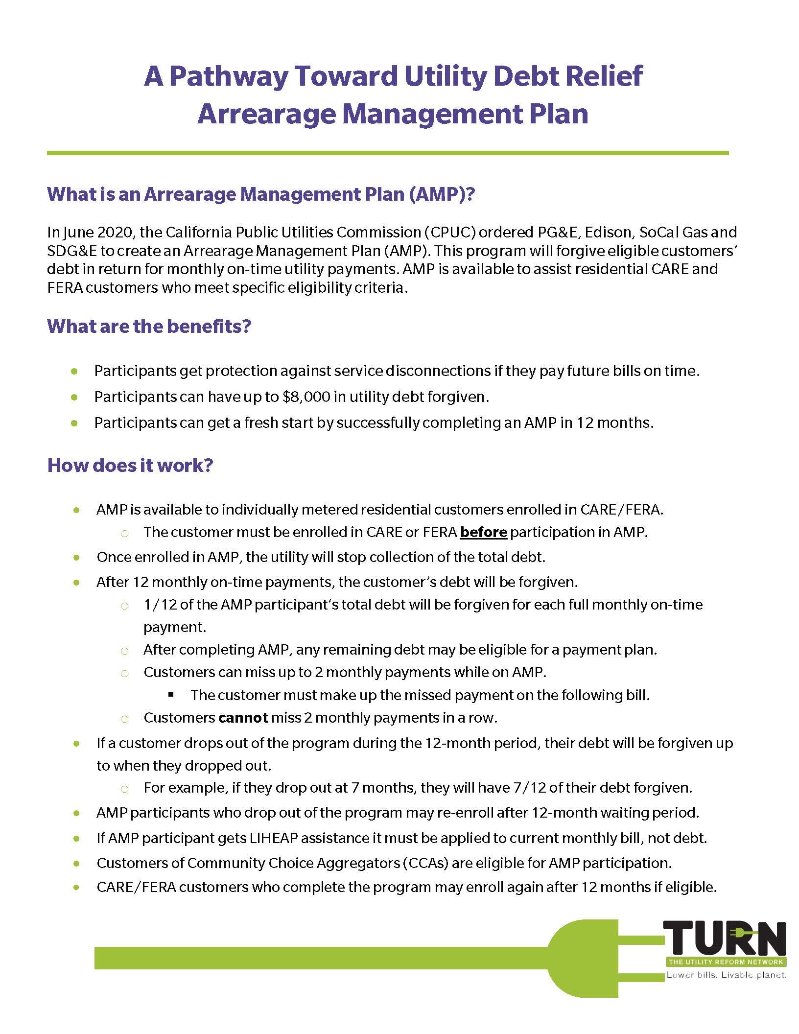 Informational flyer titled 'A Pathway Toward Utility Debt Relief Arrearage Management Plan' with sections explaining the plan, benefits, and how it works, featuring the TURN logo at the bottom.