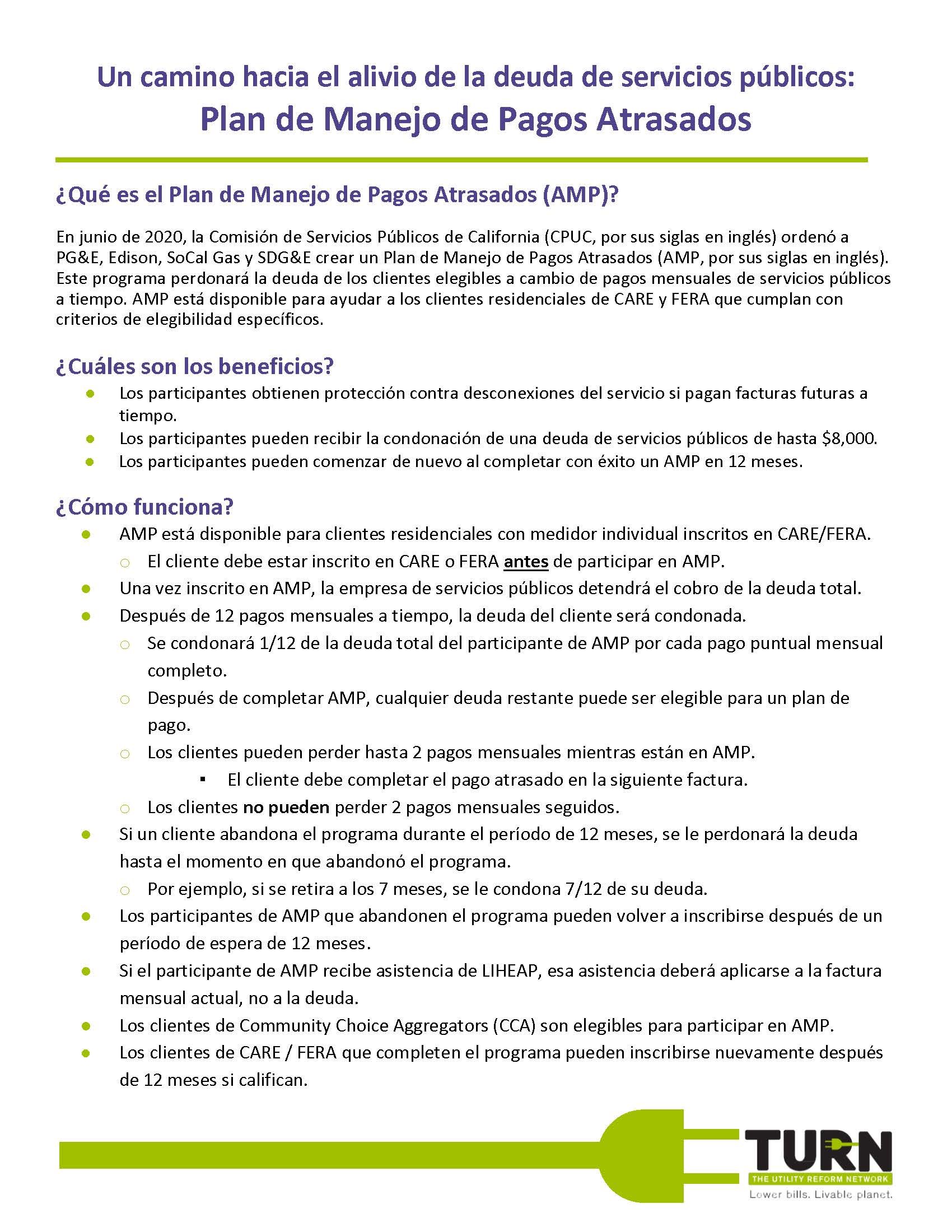 A Spanish informational flyer about the California Public Services Debt Relief and Delayed Payments Management Plan, with text explaining its purpose, benefits, and procedures, including the logo of TURN at the bottom right.