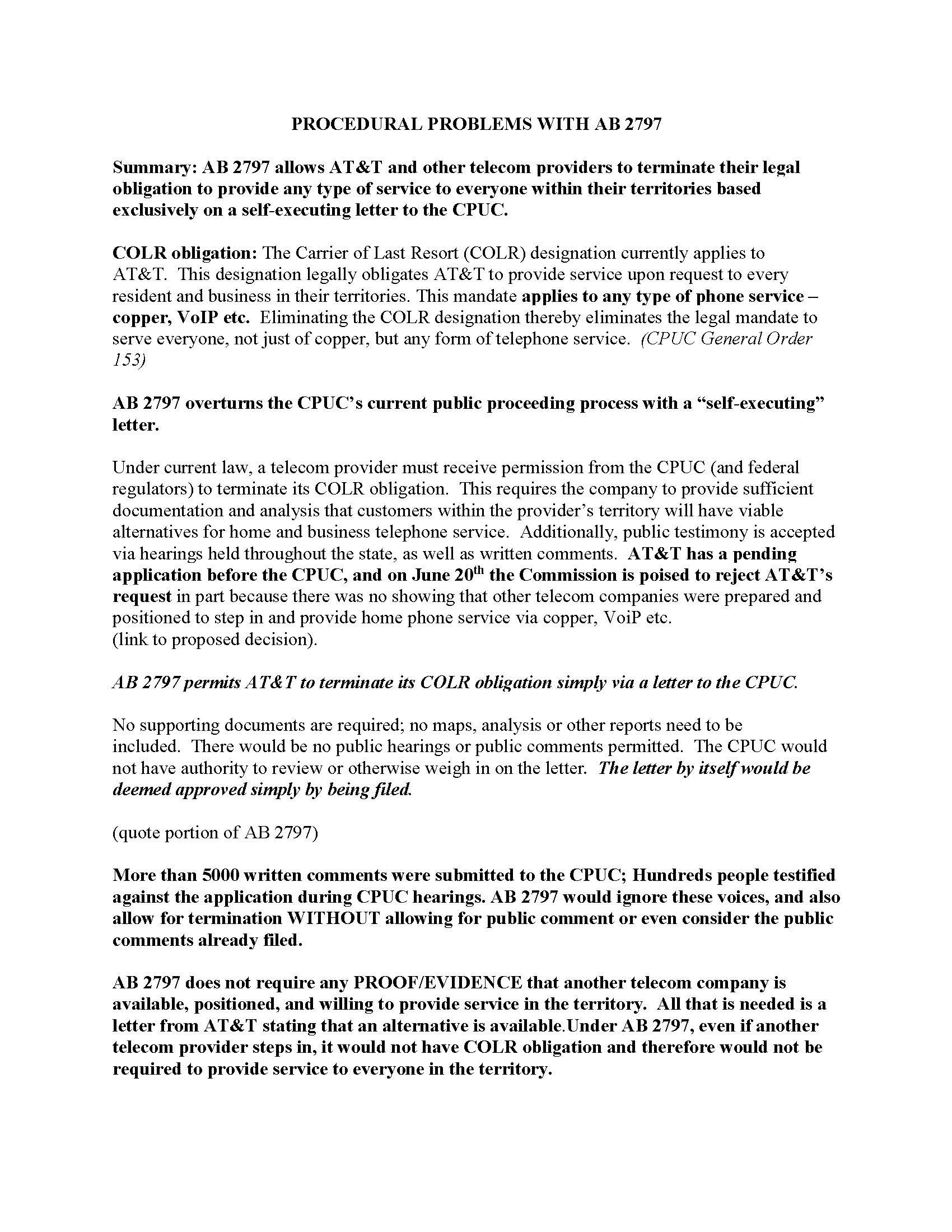 A document titled 'Procedural Problems with AB 2797' discussing telecom regulations and AT&T's petition related to carrier obligations.