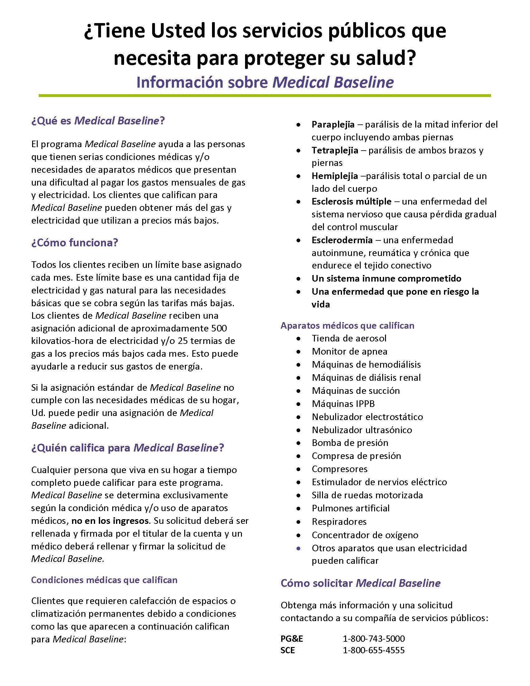 Public health information sheet in Spanish about Medical Baseline services, medical conditions, qualifying conditions, medical devices, and how to request Medical Baseline coverage, including contact numbers for public service appointment.