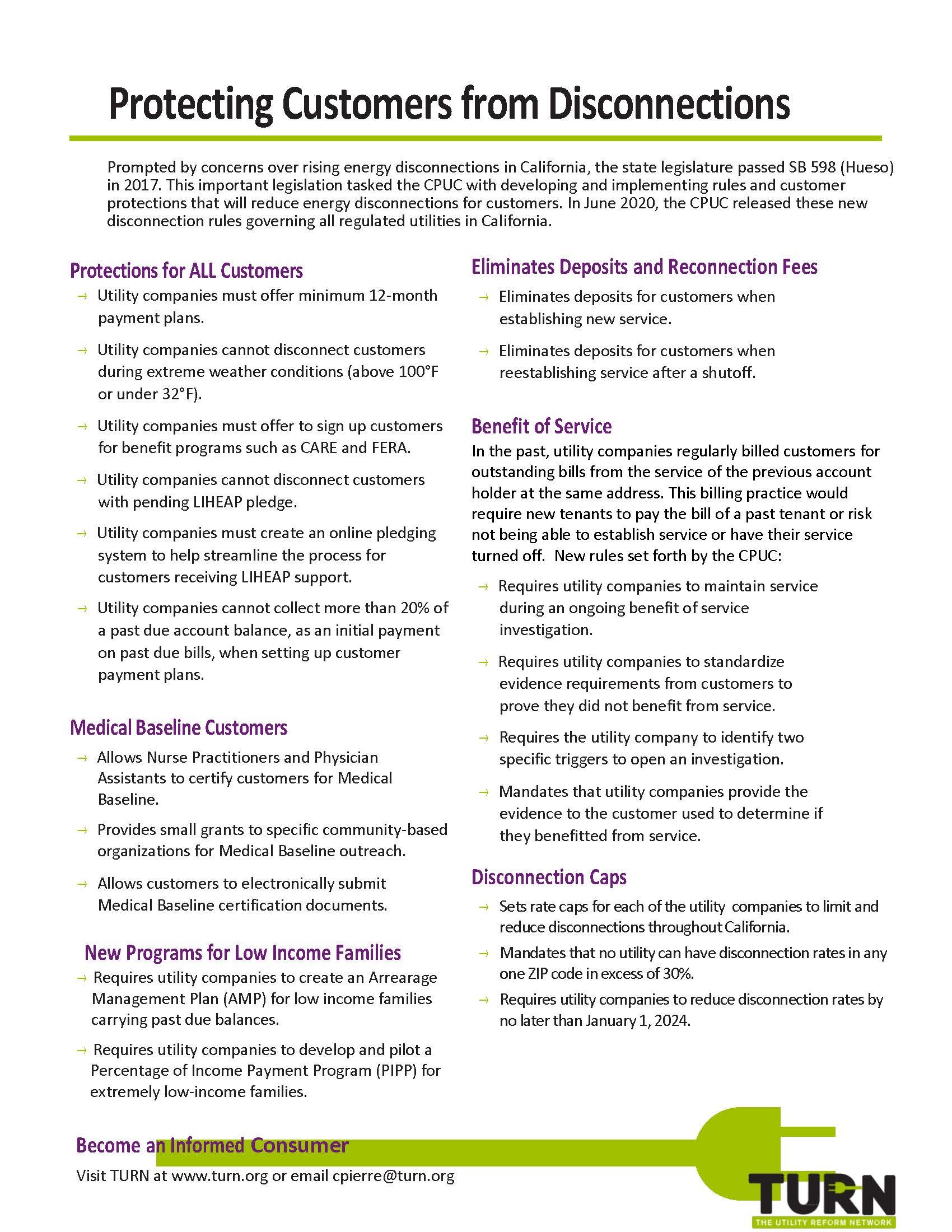 Poster titled 'Protecting Customers from Disconnections' with information about utility regulations in California, covering customer protections, deposits, service benefits, medical customers, low-income programs, disconnection caps, and a call to become an informed consumer.
