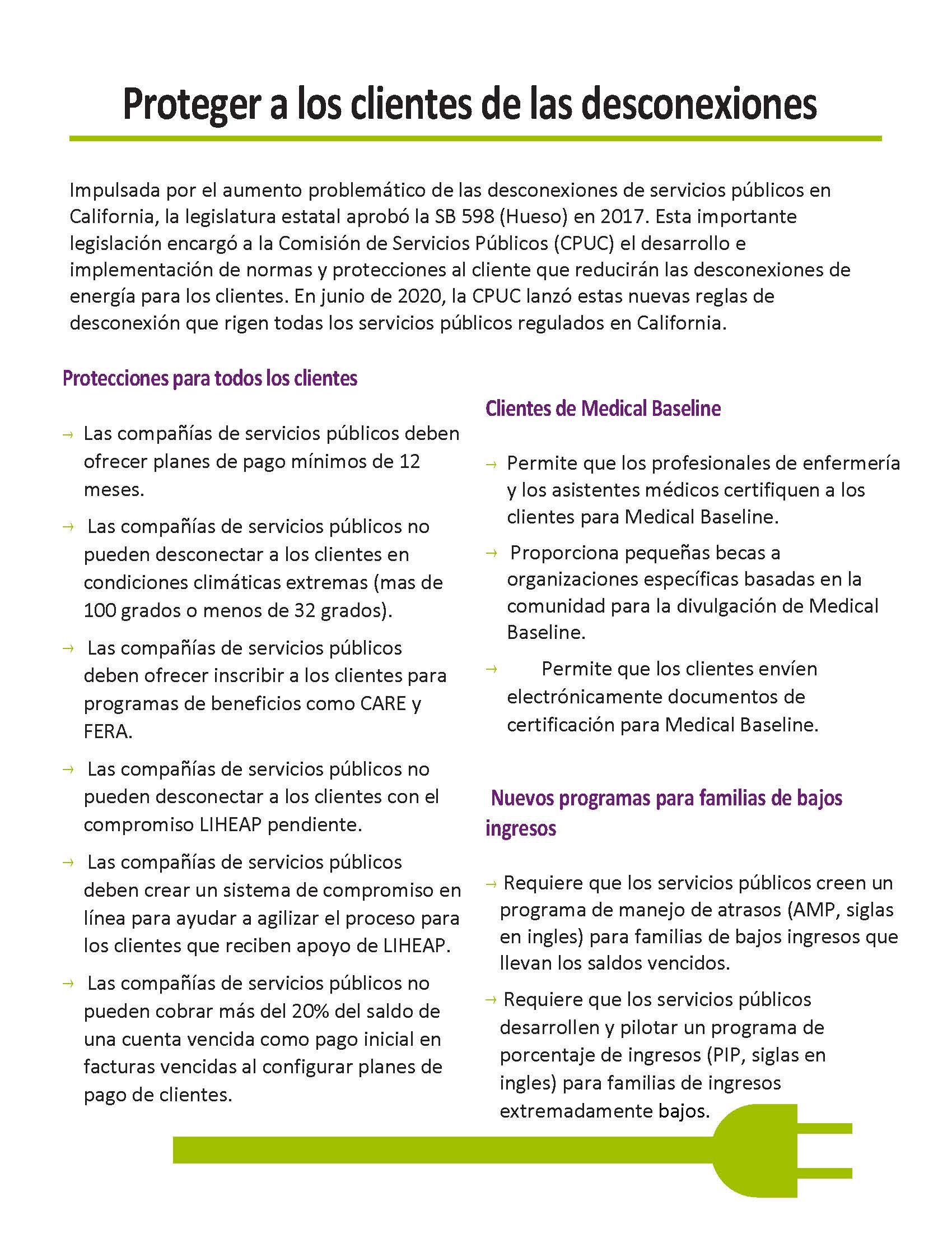 Informative document in Spanish about protecting clients from disconnections, with sections on protections for all clients, medical baseline clients, and low-income families, including guidelines for public service companies.