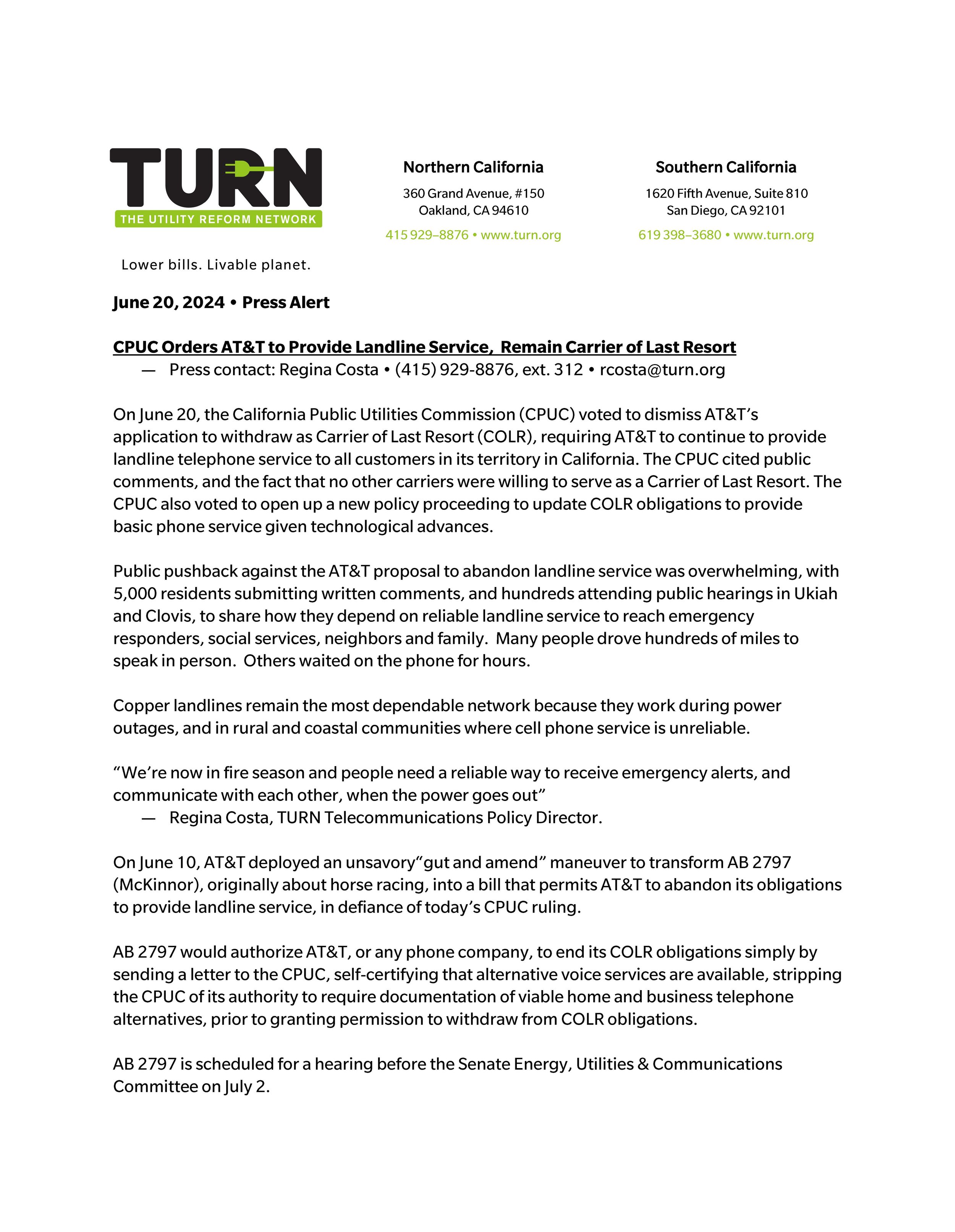 Press release document from TURN titled 'CPUC Orders AT&T to Provide Landline Service, Remain Carrier of Last Resort' dated June 20, 2024, discussing California Public Utilities Commission decisions on landline service issues.